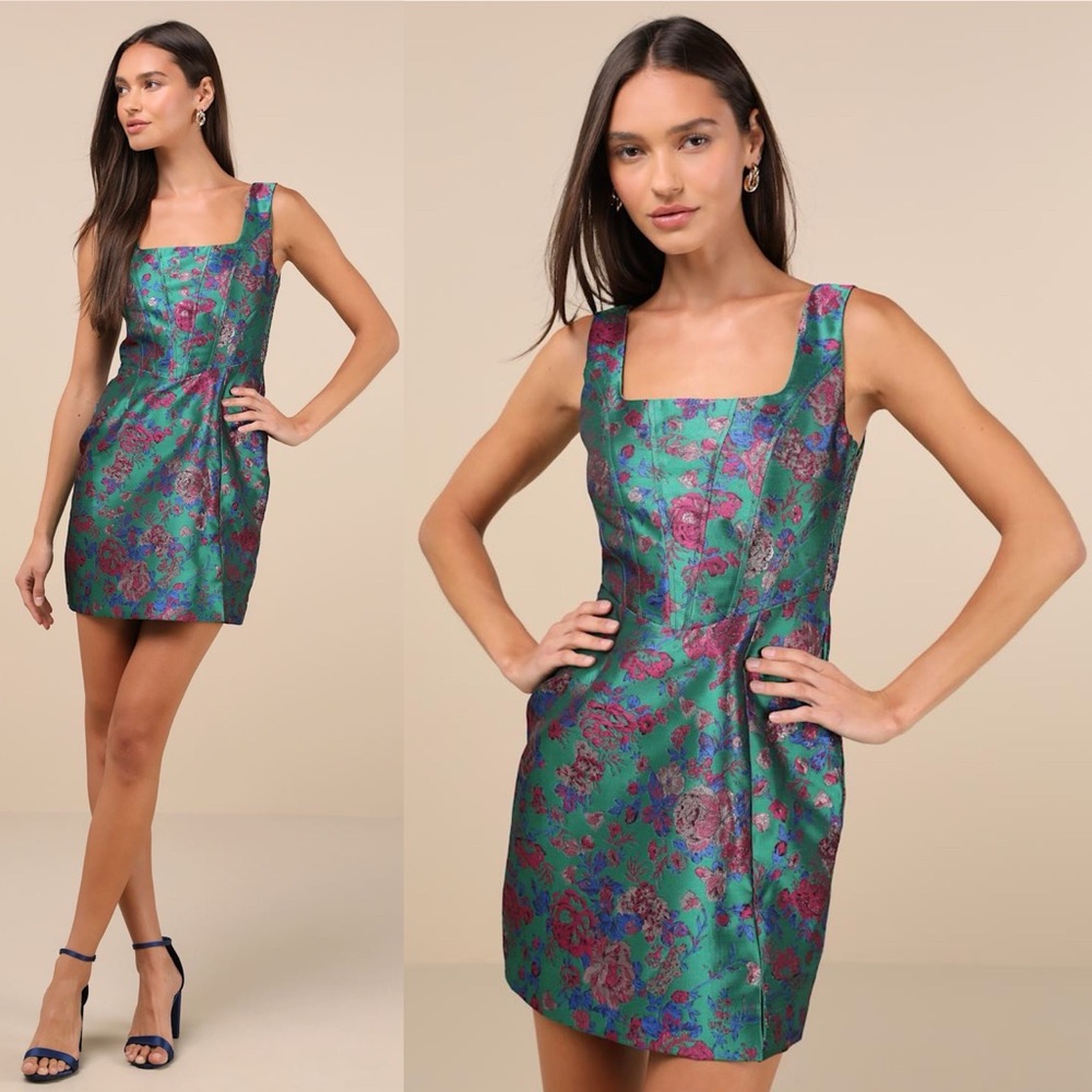 Lulus Compelling Drama Green Floral Jacquard Lurex Bustier Mini Dress Medium New - Picture 4 of 15